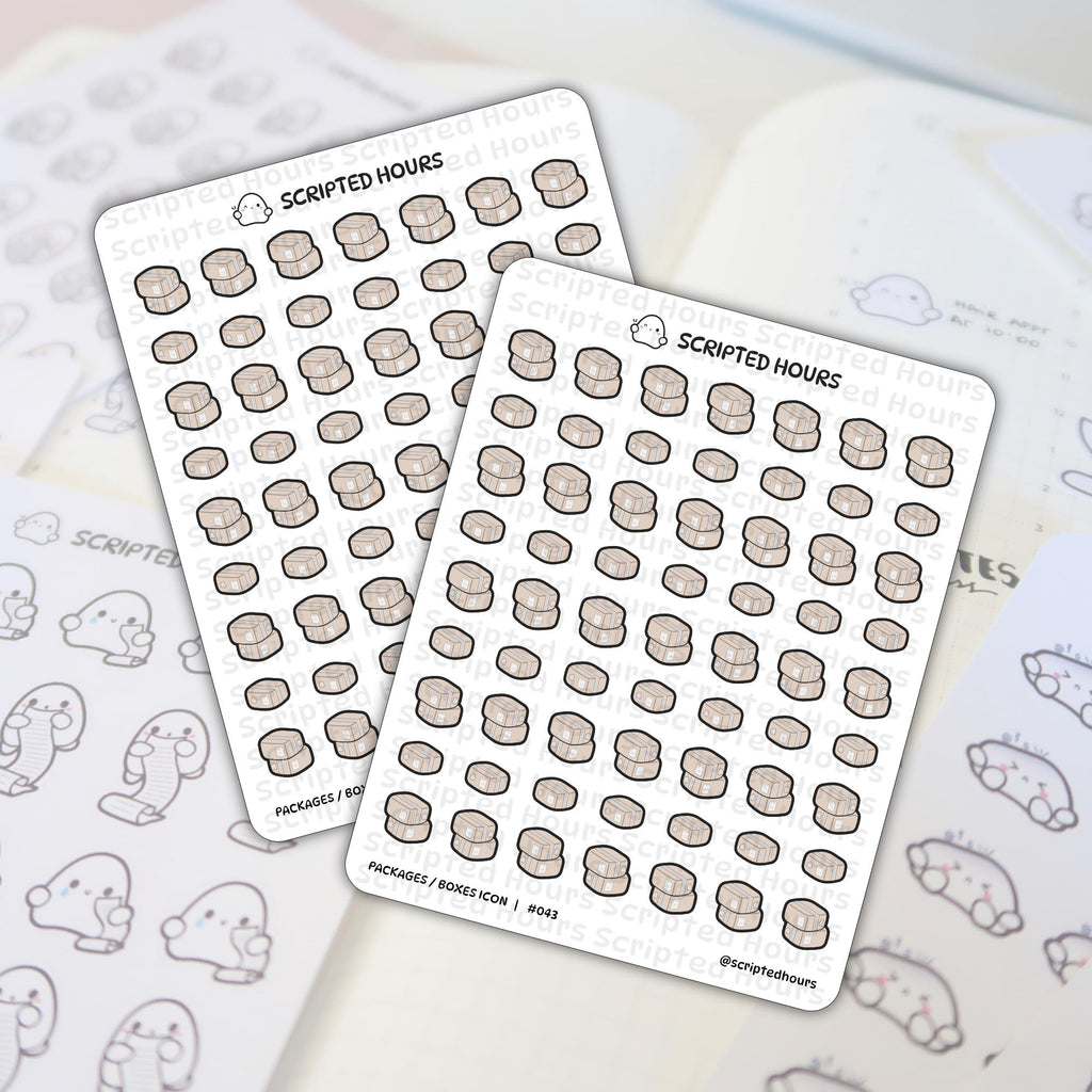 Scripted Hours sticker sheets feature numerous cartoon beige delivery box icons, some single and some stacked, alongside a prominent ghost logo, displayed on a light planner page with faint outline stickers of a ghost character holding a list