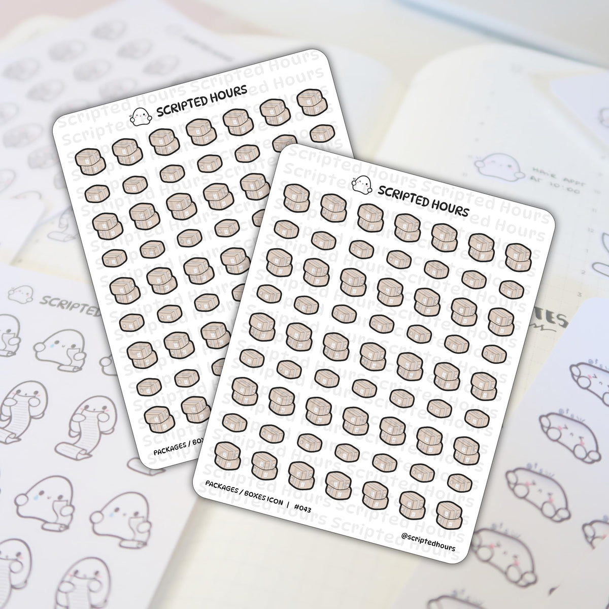 Scripted Hours sticker sheets feature numerous cartoon beige delivery box icons, some single and some stacked, alongside a prominent ghost logo, displayed on a light planner page with faint outline stickers of a ghost character holding a list