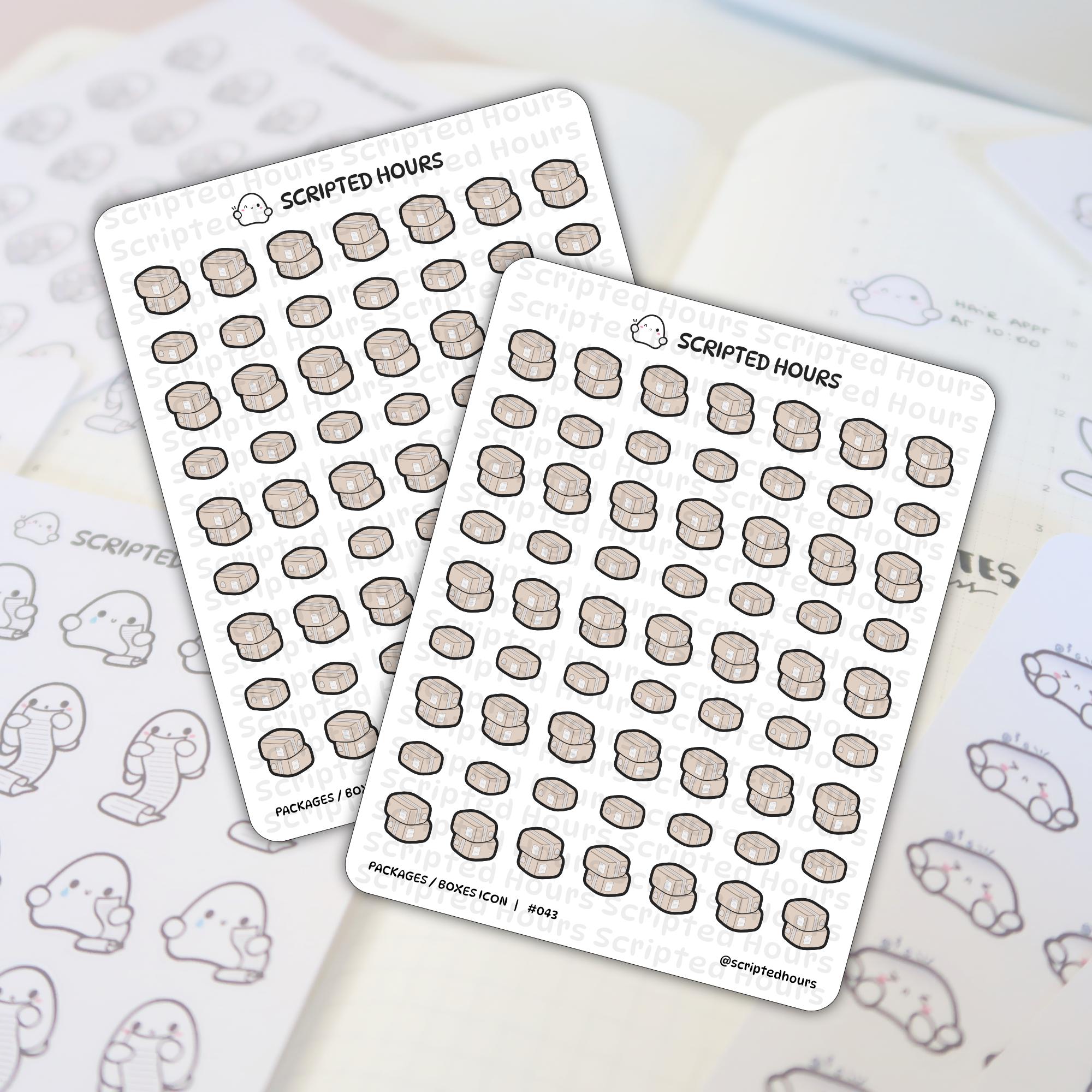Scripted Hours sticker sheets feature numerous cartoon beige delivery box icons, some single and some stacked, alongside a prominent ghost logo, displayed on a light planner page with faint outline stickers of a ghost character holding a list