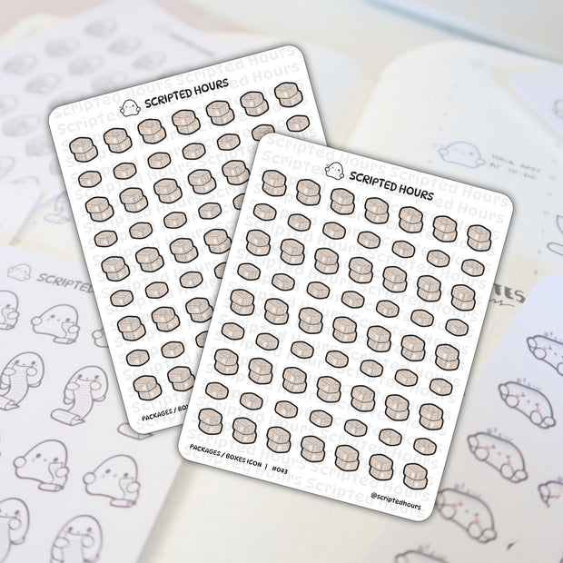 Scripted Hours sticker sheets feature numerous cartoon beige delivery box icons, some single and some stacked, alongside a prominent ghost logo, displayed on a light planner page with faint outline stickers of a ghost character holding a list