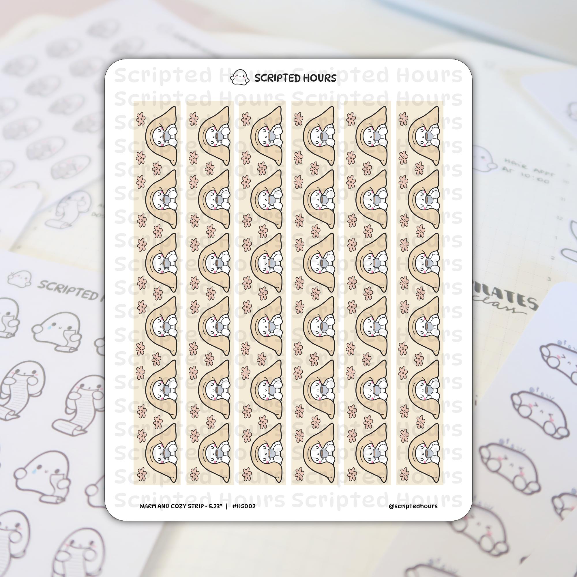 Planner sticker sheet by Scripted Hours on a blurred planner background featuring repeated 'Warm and Cozy Strip' stickers depicting happy white marshmallow characters bundled in beige blankets holding mugs interspersed with delicate pink floral outlines on a light beige strip
