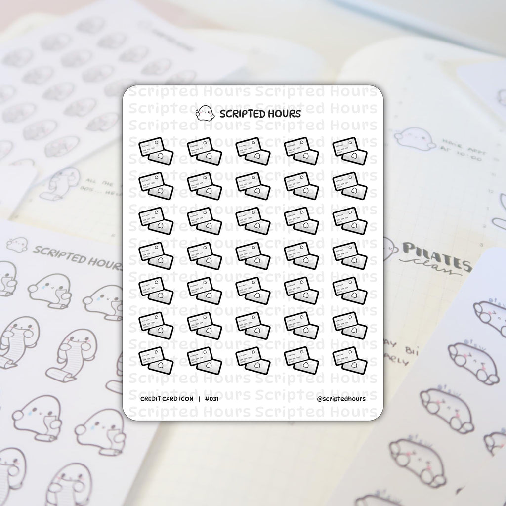 Scripted Hours planner stickers presenting a sheet of minimalist black and white credit card icons featuring card numbers and a chip, partially covering blurred white ghost-like character stickers holding long receipts on a light planner page with handwritten text including "PILATES class" and "HOME APPT AT 10:00"