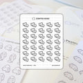 Scripted Hours planner stickers presenting a sheet of minimalist black and white credit card icons featuring card numbers and a chip, partially covering blurred white ghost-like character stickers holding long receipts on a light planner page with handwritten text including "PILATES class" and "HOME APPT AT 10:00"