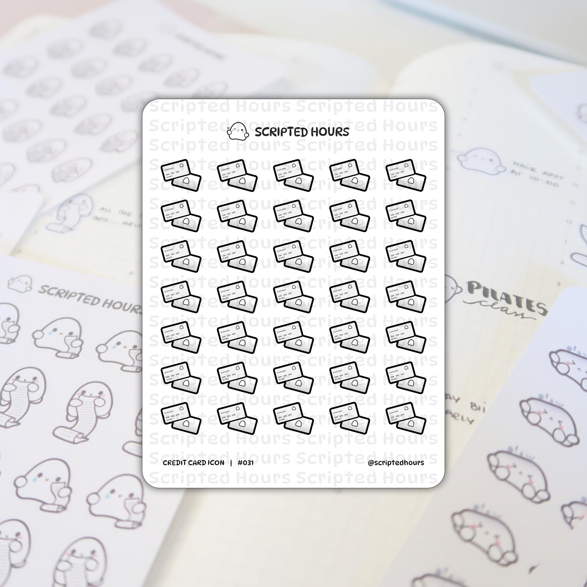 Scripted Hours planner stickers presenting a sheet of minimalist black and white credit card icons featuring card numbers and a chip, partially covering blurred white ghost-like character stickers holding long receipts on a light planner page with handwritten text including "PILATES class" and "HOME APPT AT 10:00"