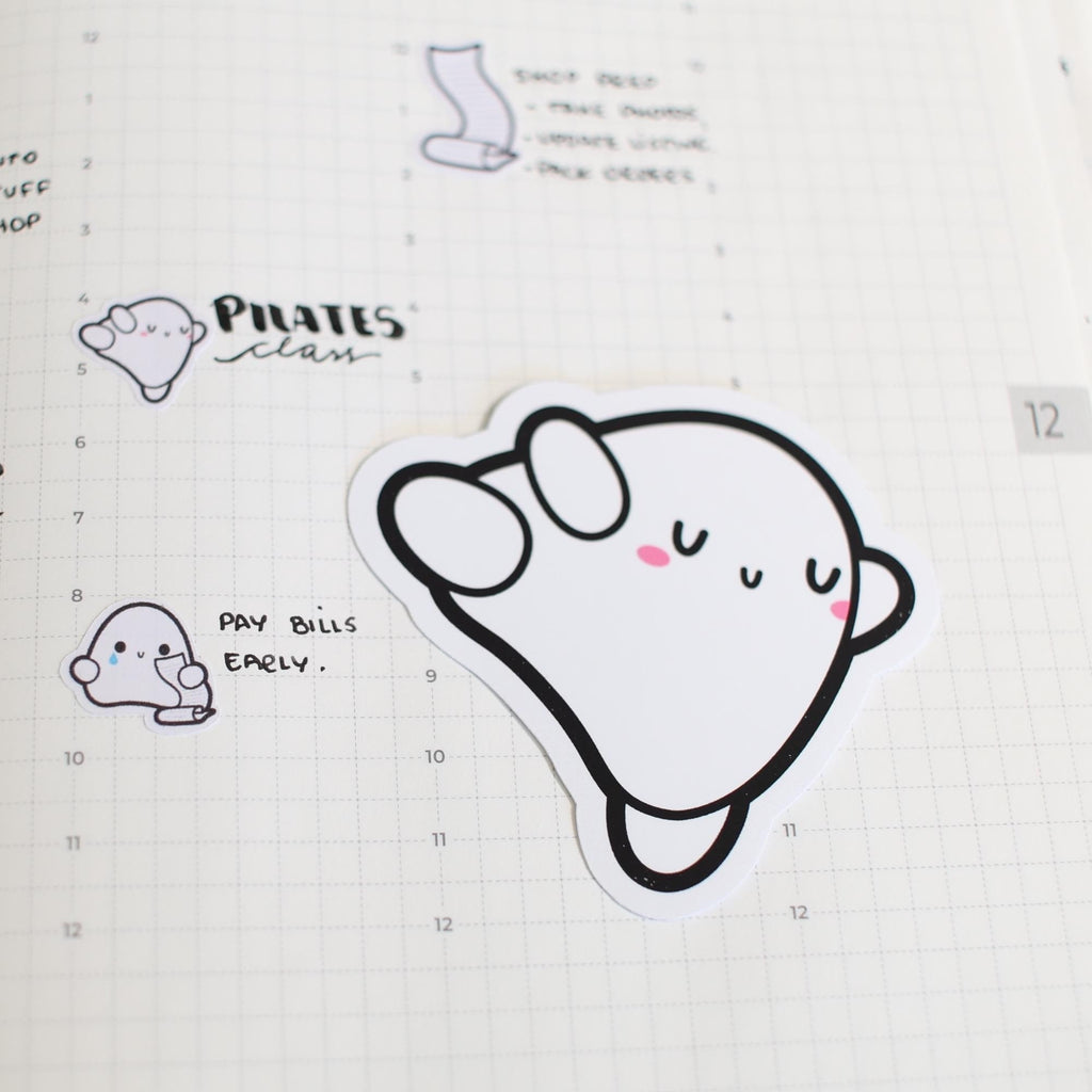 Stylized ghost illustrations in a notebook with text on a white background