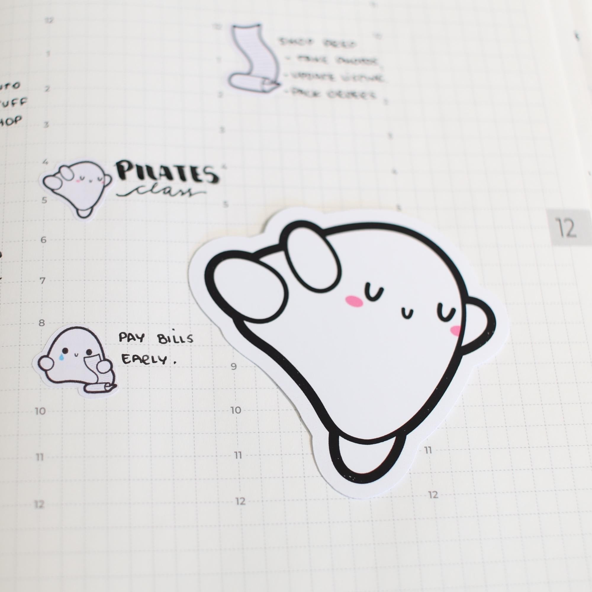 Stylized ghost illustrations in a notebook with text on a white background