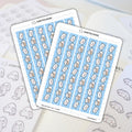 Scripted Hours stickers, specifically two sheets of Snail Mail Strip planner stickers with the brand's cute ghost logo, featuring rows of adorable cartoon snails carrying white envelopes with pink heart seals on a light blue striped background, atop a light planner page with other ghost stickers partially visible