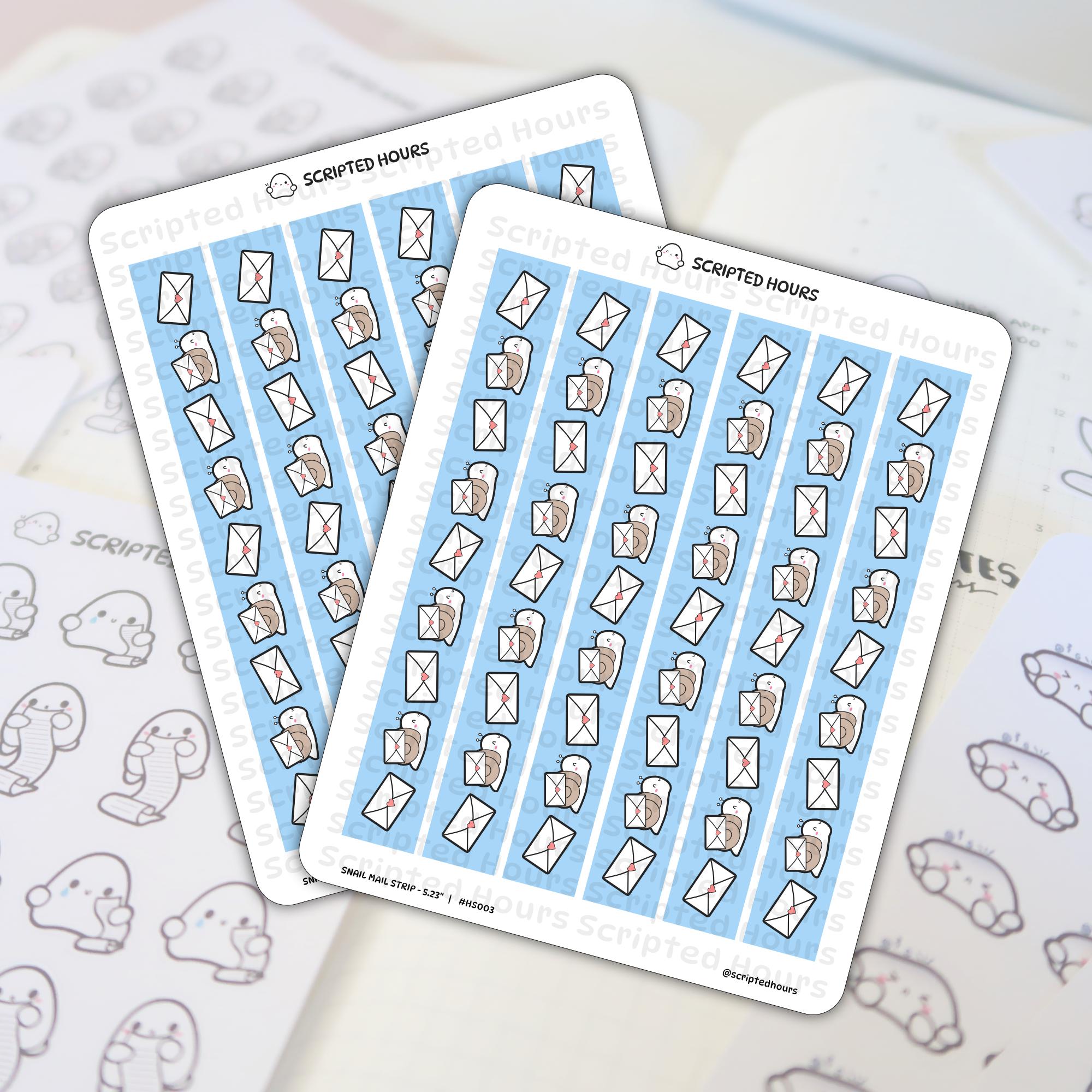Scripted Hours stickers, specifically two sheets of Snail Mail Strip planner stickers with the brand's cute ghost logo, featuring rows of adorable cartoon snails carrying white envelopes with pink heart seals on a light blue striped background, atop a light planner page with other ghost stickers partially visible