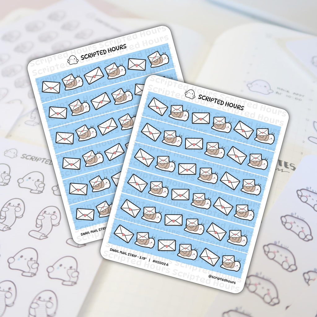 Scripted Hours sticker sheets featuring two light blue snail mail strip stickers, each depicting cute cartoon brown snails carrying white envelopes with tiny pink hearts, presented on a light-colored planner page with faint outlines of ghost-like characters holding scrolls