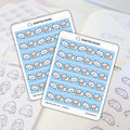 Scripted Hours sticker sheets featuring two light blue snail mail strip stickers, each depicting cute cartoon brown snails carrying white envelopes with tiny pink hearts, presented on a light-colored planner page with faint outlines of ghost-like characters holding scrolls