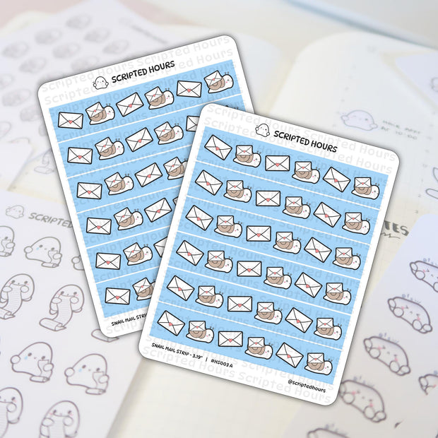 Scripted Hours sticker sheets featuring two light blue snail mail strip stickers, each depicting cute cartoon brown snails carrying white envelopes with tiny pink hearts, presented on a light-colored planner page with faint outlines of ghost-like characters holding scrolls
