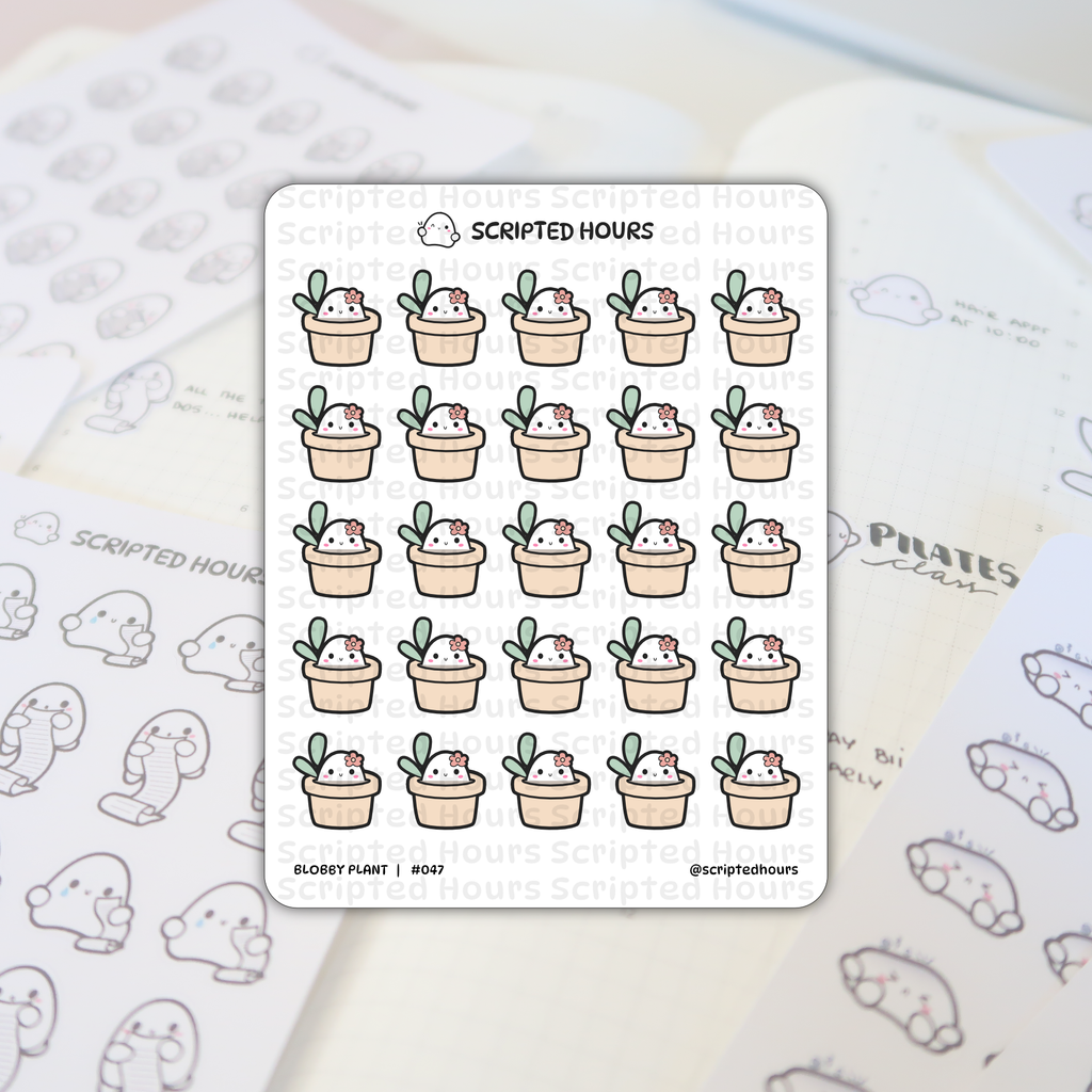 Scripted Hours sticker sheet of Blobby Plant characters featuring white blobs with green leaves and pink flowers in beige pots resting on a planner with "Pilates class" and other blobby ghost stickers in the background