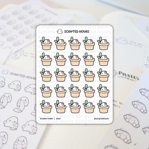 Scripted Hours sticker sheet of Blobby Plant characters featuring white blobs with green leaves and pink flowers in beige pots resting on a planner with "Pilates class" and other blobby ghost stickers in the background