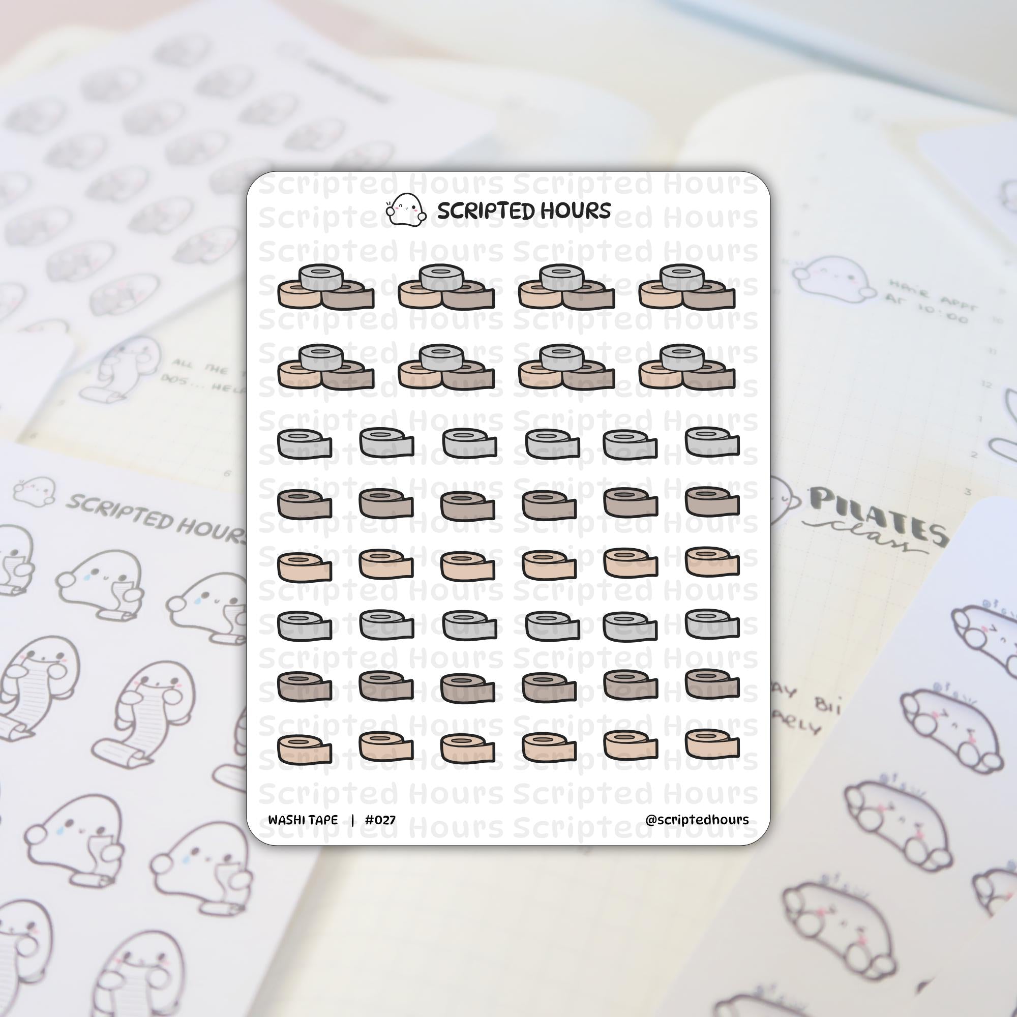Photograph of Scripted Hours Washi Tape #027 sticker sheet displaying 42 neutral grey beige and light brown tape rolls, set on a planner page alongside other Scripted Hours ghost character and 'PILATES class' text stickers