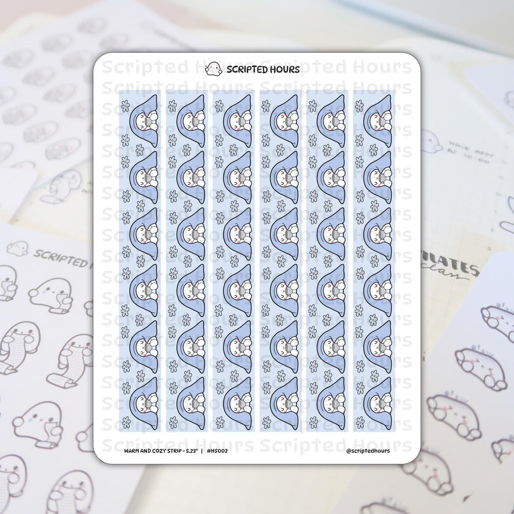 Scripted Hours stickers depicting a "Warm and Cozy Strip" sheet with white ghost-like characters in light blue hoods holding mugs on a floral pale blue background partially covering a planner page with faint writing