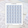 Scripted Hours stickers depicting a "Warm and Cozy Strip" sheet with white ghost-like characters in light blue hoods holding mugs on a floral pale blue background partially covering a planner page with faint writing