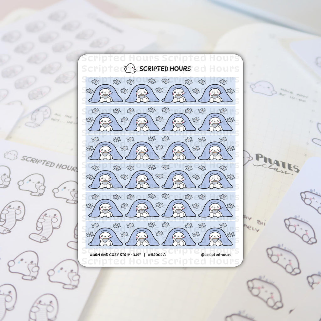 Scripted Hours sticker sheet with a Warm and Cozy Strip design showing a ghost character holding a mug under a blue blanket with small white flowers, placed on a white planner page with handwritten "PILATES class" and other outline ghost stickers