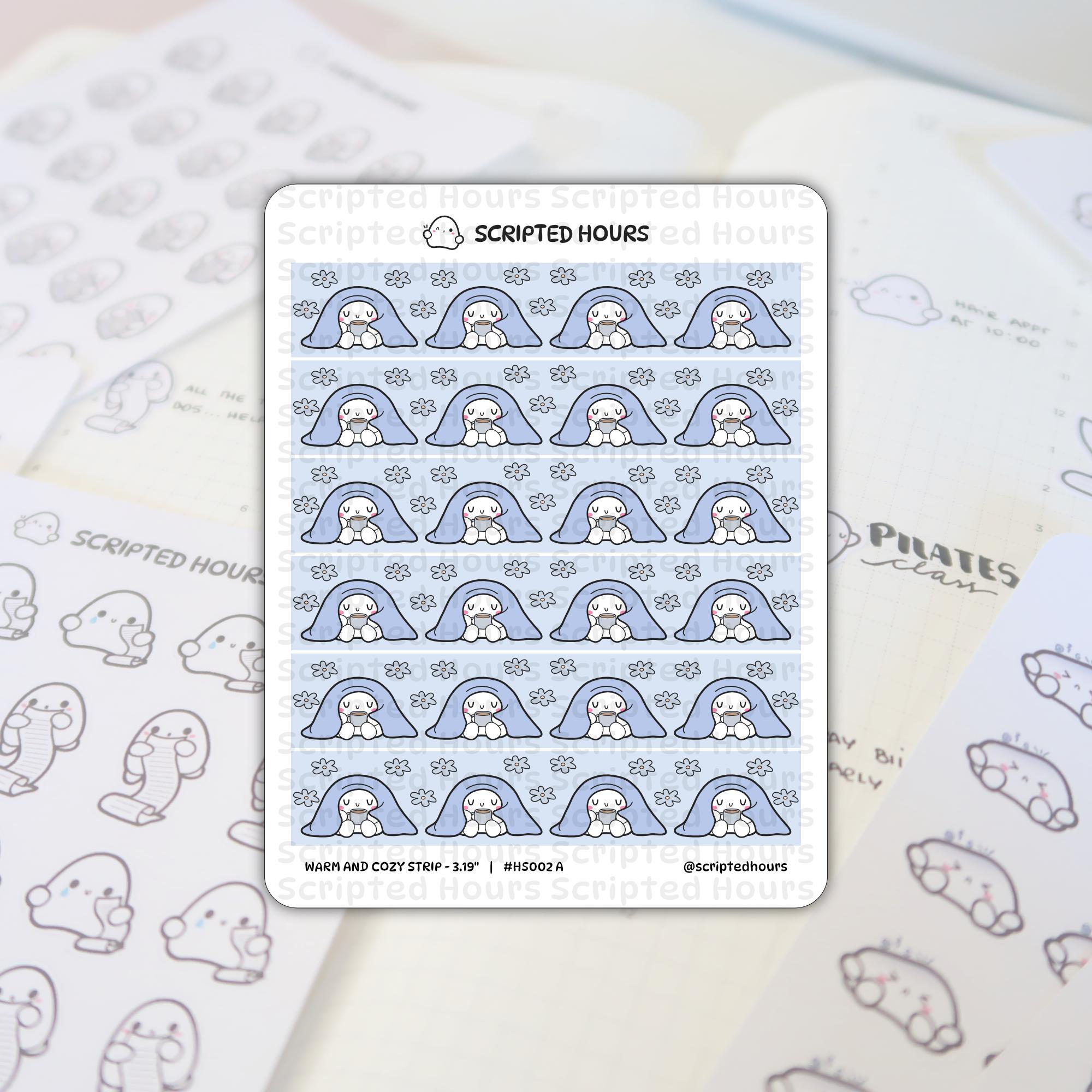 Scripted Hours sticker sheet with a Warm and Cozy Strip design showing a ghost character holding a mug under a blue blanket with small white flowers, placed on a white planner page with handwritten "PILATES class" and other outline ghost stickers