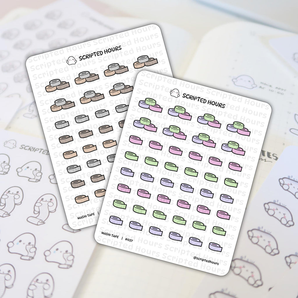 Scripted Hours presents two sticker sheets featuring rows of neutral washi tape stickers and pastel green, pink, and purple washi tape stickers, with the brand's ghost logo, resting on an open planner revealing blurred ghost character designs