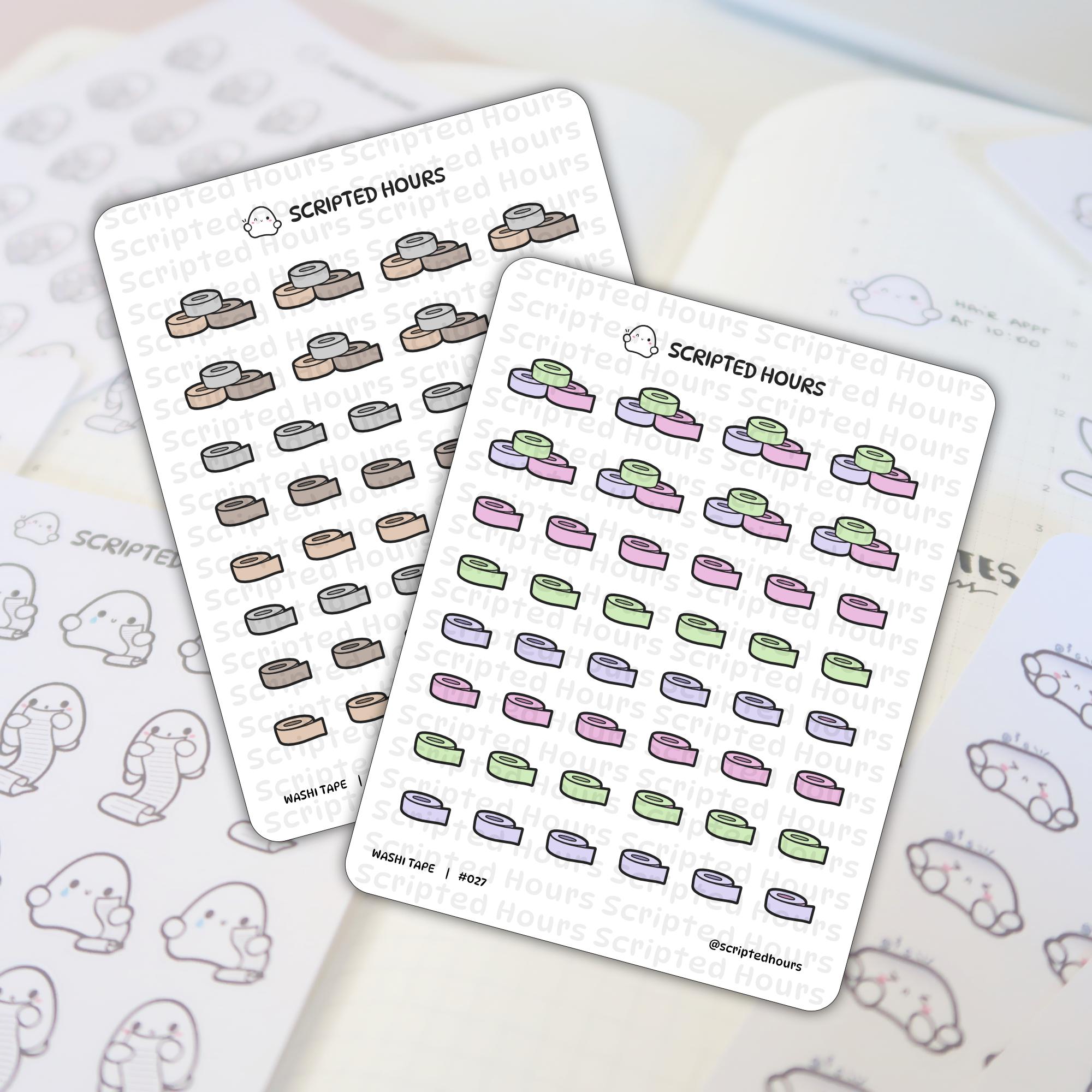 Scripted Hours presents two sticker sheets featuring rows of neutral washi tape stickers and pastel green, pink, and purple washi tape stickers, with the brand's ghost logo, resting on an open planner revealing blurred ghost character designs