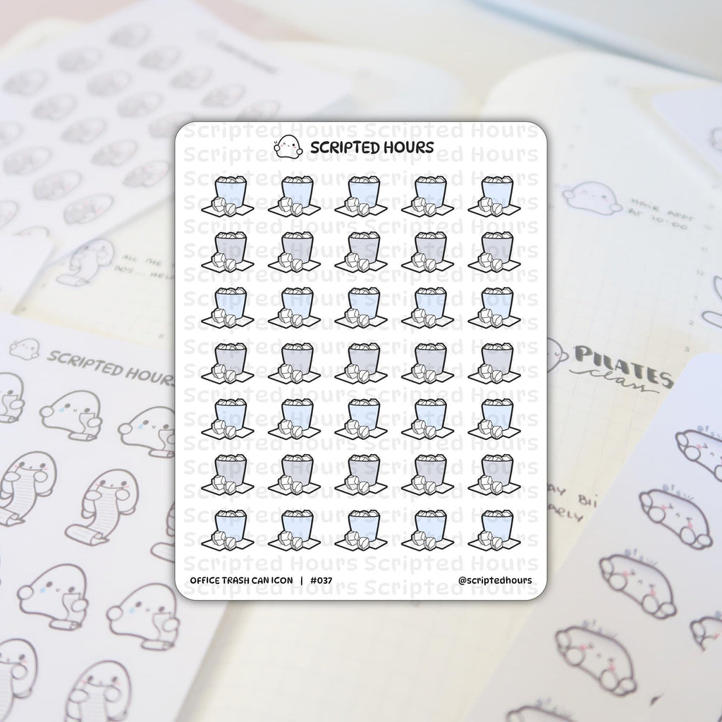 Planner stickers by Scripted Hours featuring a sheet of light blue and gray office trash can icons overflowing with paper on a planner spread with a Scripted Hours ghost logo cute doodle stickers and handwritten Pilates class text