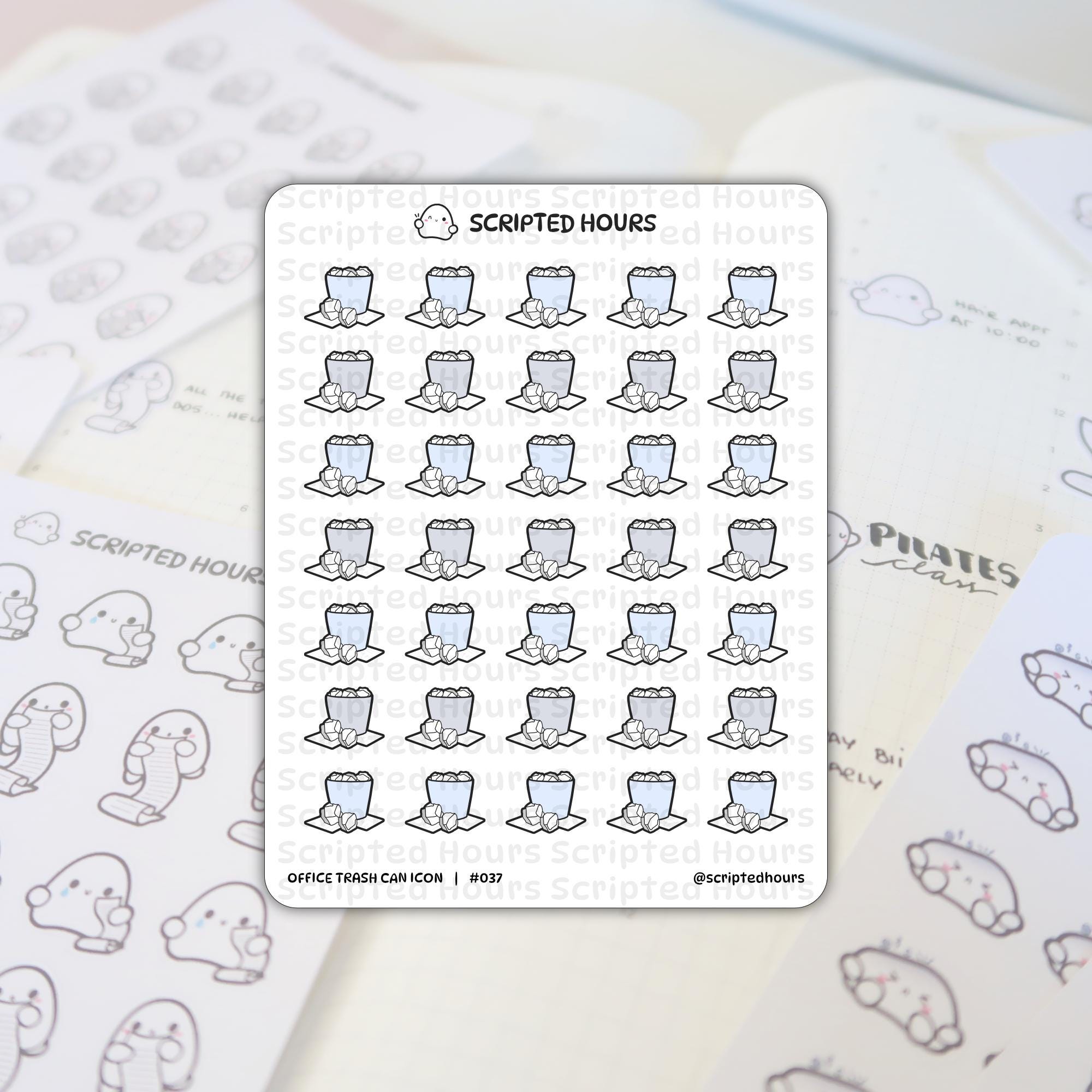 Planner stickers by Scripted Hours featuring a sheet of light blue and gray office trash can icons overflowing with paper on a planner spread with a Scripted Hours ghost logo cute doodle stickers and handwritten Pilates class text