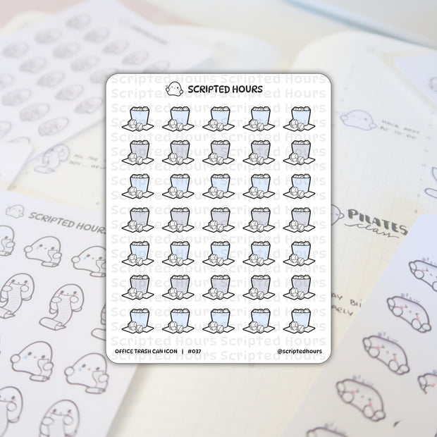 Planner stickers by Scripted Hours featuring a sheet of light blue and gray office trash can icons overflowing with paper on a planner spread with a Scripted Hours ghost logo cute doodle stickers and handwritten Pilates class text