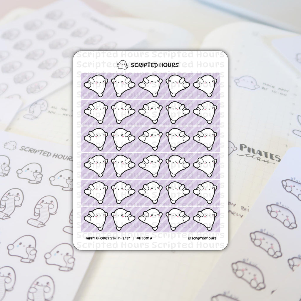 Scripted Hours sticker sheet of "Happy Blobby Strip" featuring white ghost-like characters with pink cheeks and hands on a vibrant purple striped background, resting on a planner with a "PILATES class" heading and faint ghost outlines