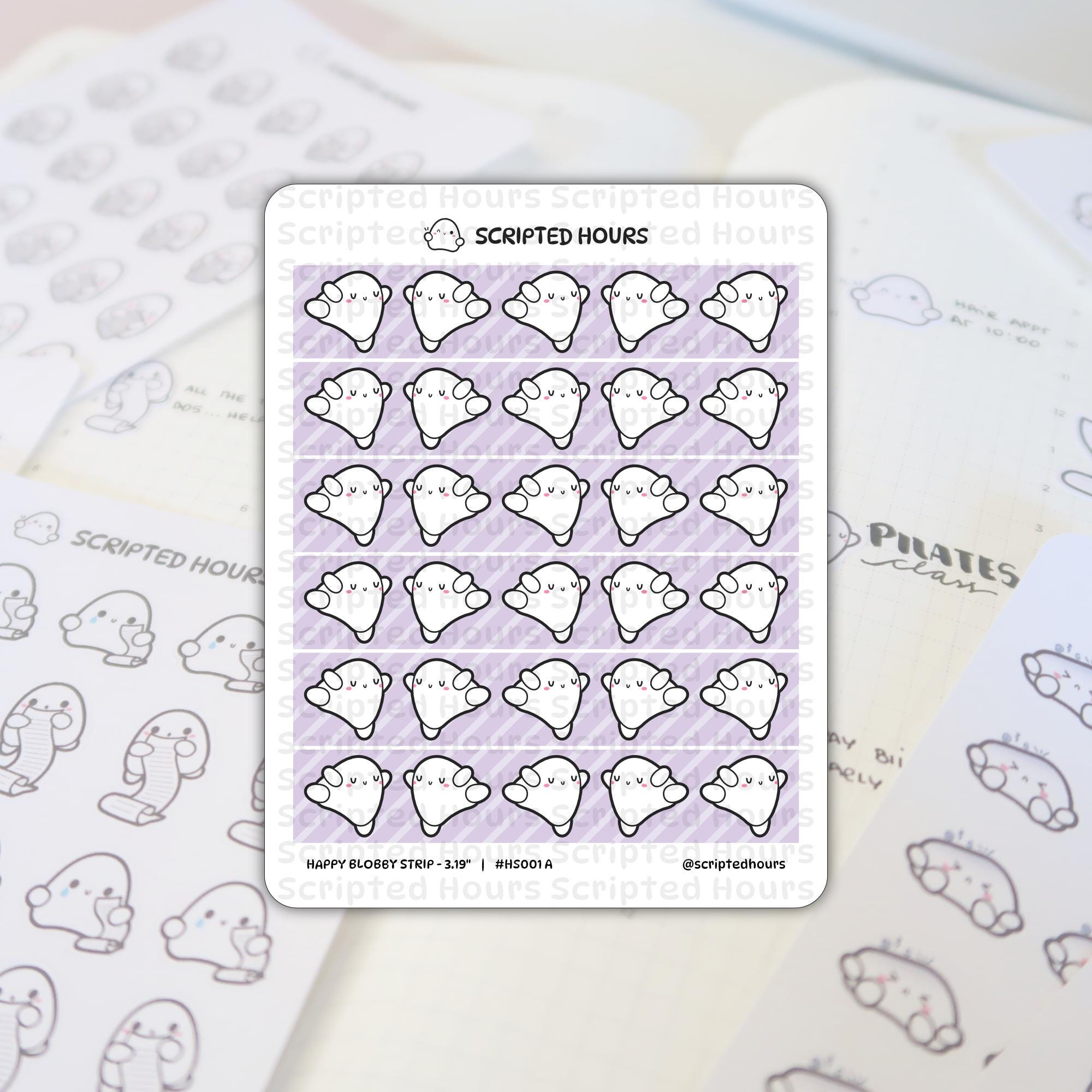 Scripted Hours sticker sheet of "Happy Blobby Strip" featuring white ghost-like characters with pink cheeks and hands on a vibrant purple striped background, resting on a planner with a "PILATES class" heading and faint ghost outlines