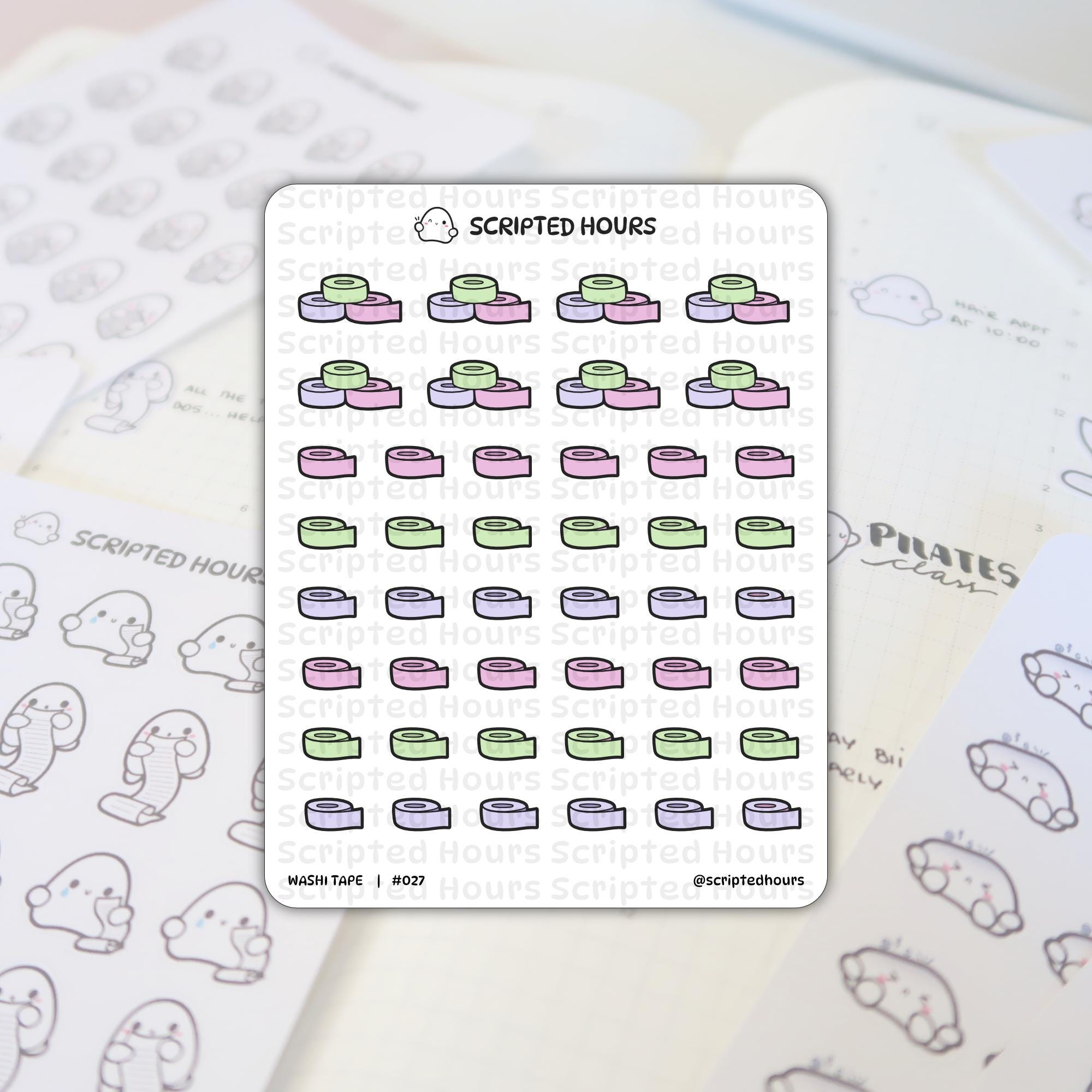 Scripted Hours sticker sheet featuring pastel green and lavender washi tape rolls, rows of cute ghost characters holding long lists, and the brand's ghost with a lightbulb logo, laid on a desk beside a planner with "Pilates class" written