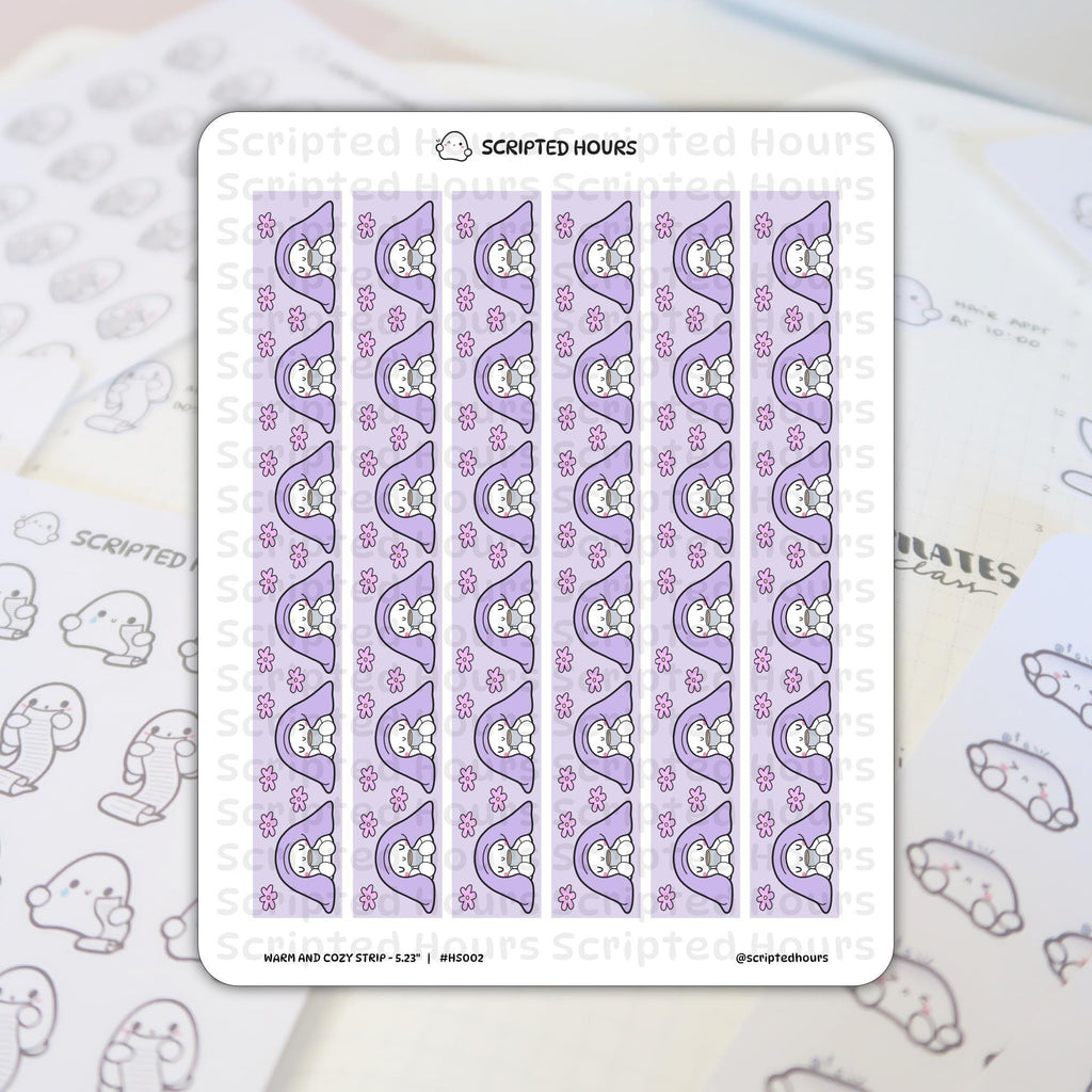 Scripted Hours planner sticker sheet 'Warm and Cozy Strip - 5.23' featuring continuous rows of charming white ghost characters wearing lavender hooded cloaks and holding coffee mugs, amidst small pink flowers on a striped purple background, with other Scripted Hours outline stickers softly visible