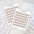 Scripted Hours sticker sheets displaying neat rows of orange and white prescription pill bottle icons with red Rx symbols and charming outline ghost figures holding long scroll lists, presented on a light planner page with Scripted Hours branding