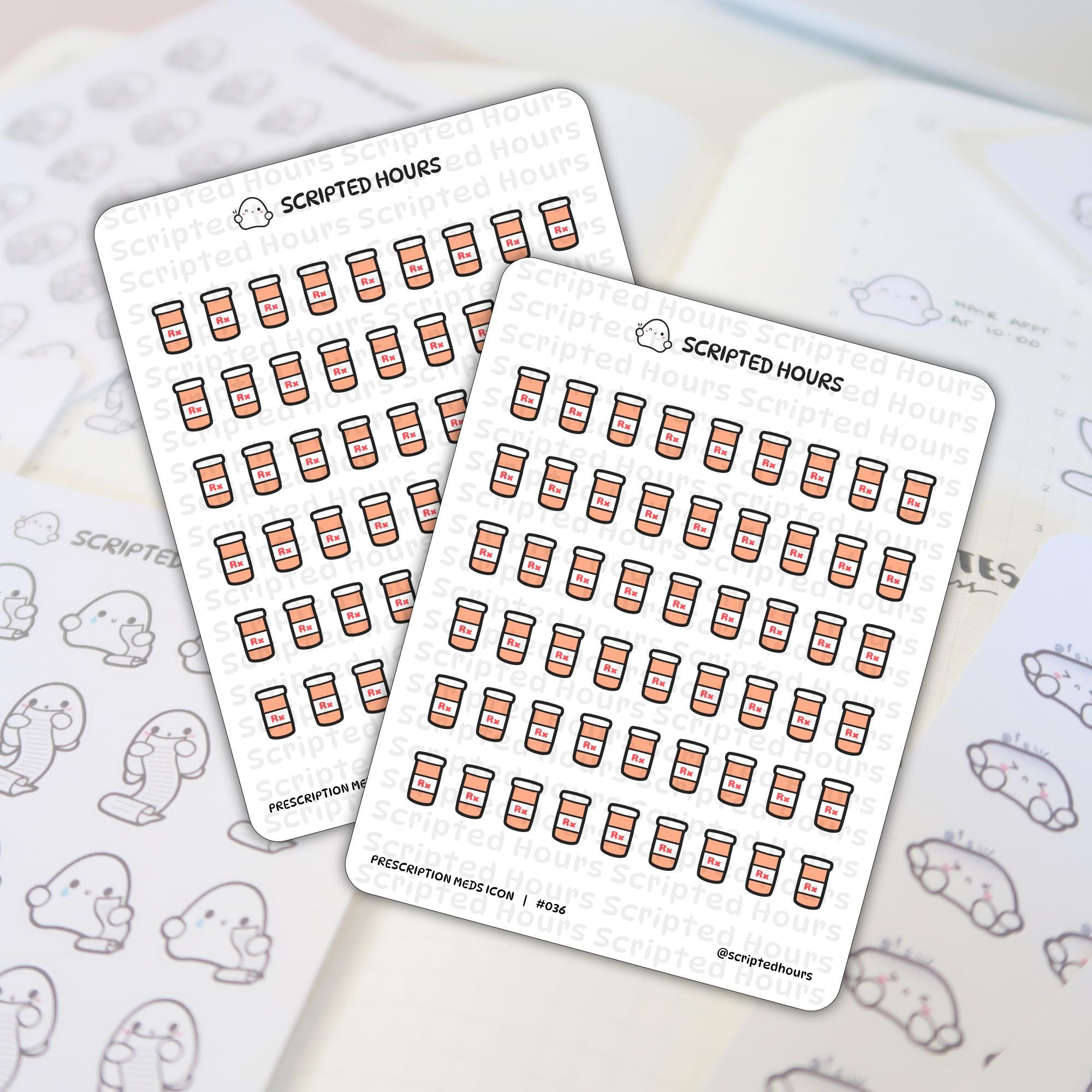 Scripted Hours sticker sheets displaying neat rows of orange and white prescription pill bottle icons with red Rx symbols and charming outline ghost figures holding long scroll lists, presented on a light planner page with Scripted Hours branding