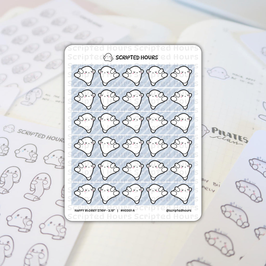 Scripted Hours sticker sheet displaying a Happy Blobby strip of white ghost-like characters with pink cheeks and small black "v" mouths on a light blue striped background, overlapping a planner with "PILATES class" handwritten on its grid pages