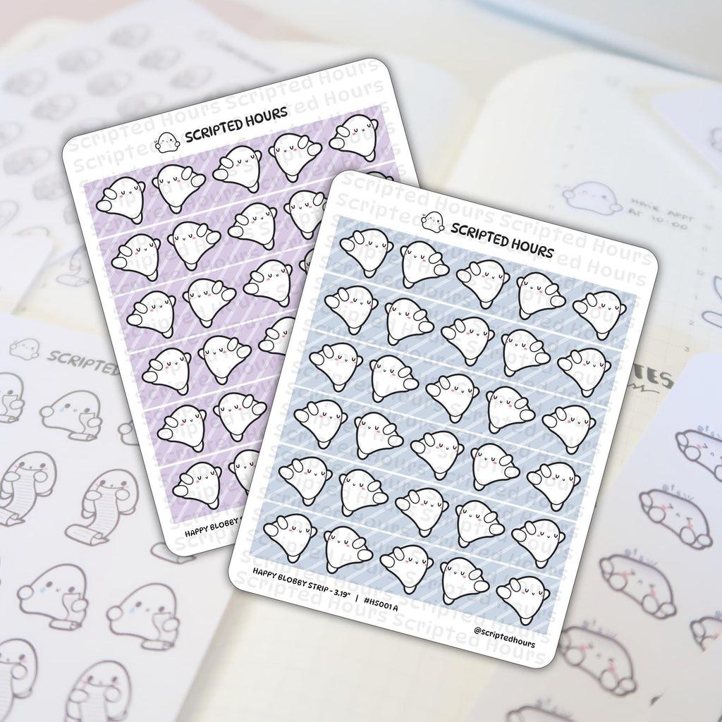 Sticker sheets by Scripted Hours featuring two designs of white cartoon ghost-like blobby figures with small pink blushing cheeks and varied expressions, one set on a light purple striped background and the other on a light blue striped background, overlaid on blurred planner pages