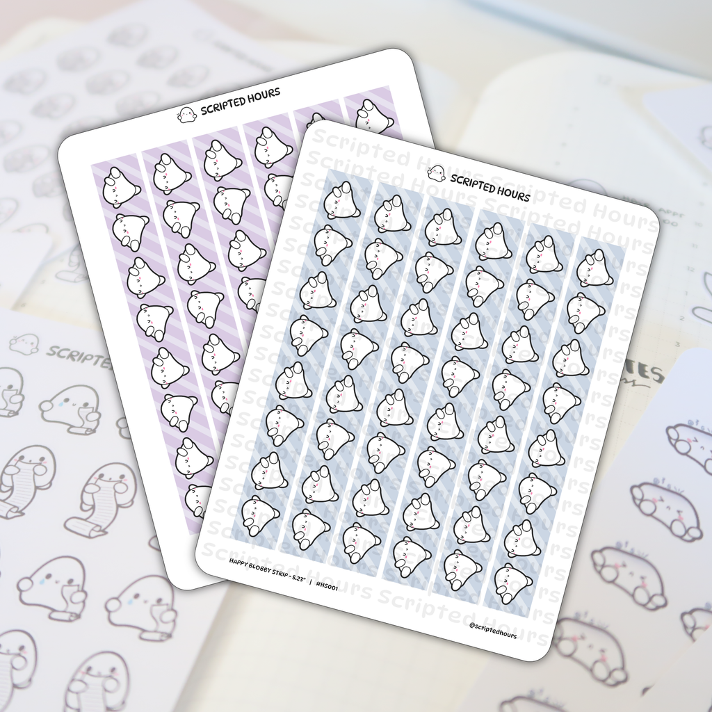 Scripted Hours planner sticker sheets showcasing cute white Happy Blobby characters with pink cheeks on purple and light blue diagonal striped backgrounds layered over a light-colored planner and other blob sticker designs