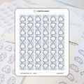 Scripted Hours sticker sheet displaying rows of cute white blob characters with minimalist black outlines and pink blush cheeks on a light blue striped backing