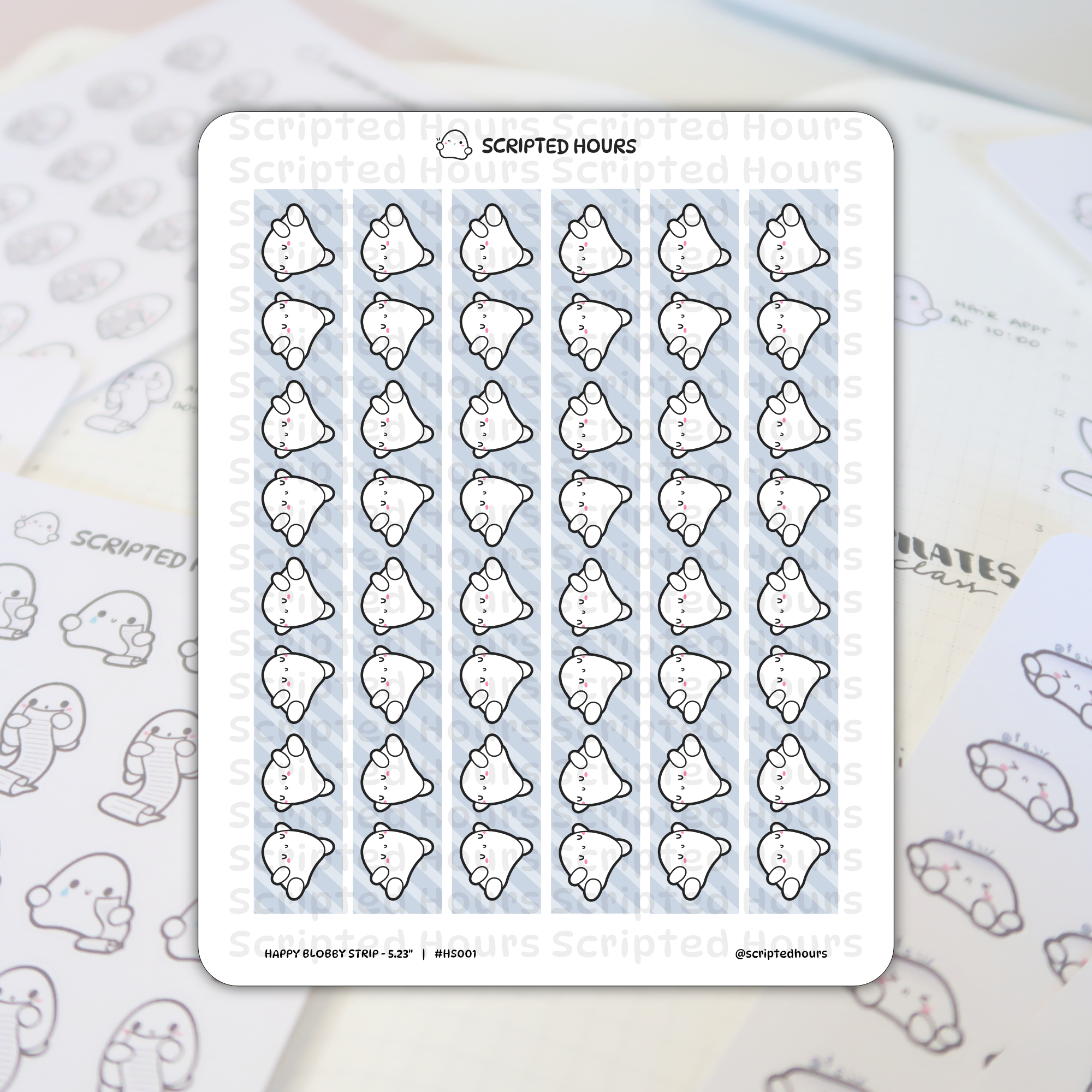 Scripted Hours sticker sheet displaying rows of cute white blob characters with minimalist black outlines and pink blush cheeks on a light blue striped backing