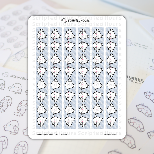 Scripted Hours sticker sheet displaying rows of cute white blob characters with minimalist black outlines and pink blush cheeks on a light blue striped backing