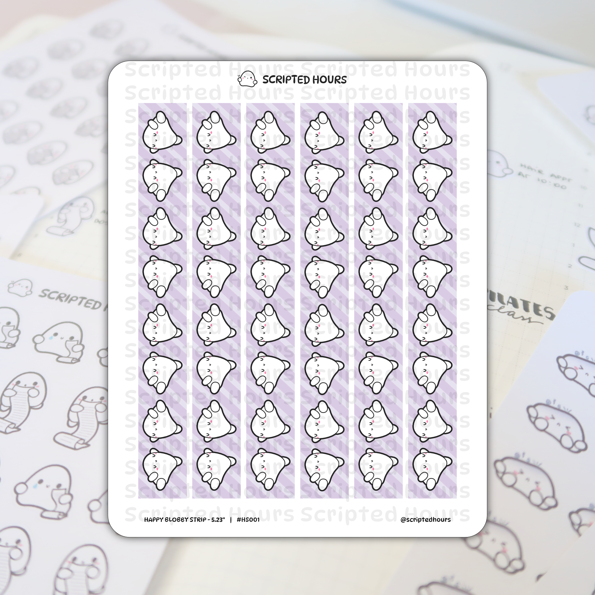Scripted Hours sticker sheet titled "HAPPY BLOBBY STRIP" showcasing a grid of white cartoon blobs with pink blush and simple U-shaped mouths against a light purple striped background, each in a dynamic, happy pose