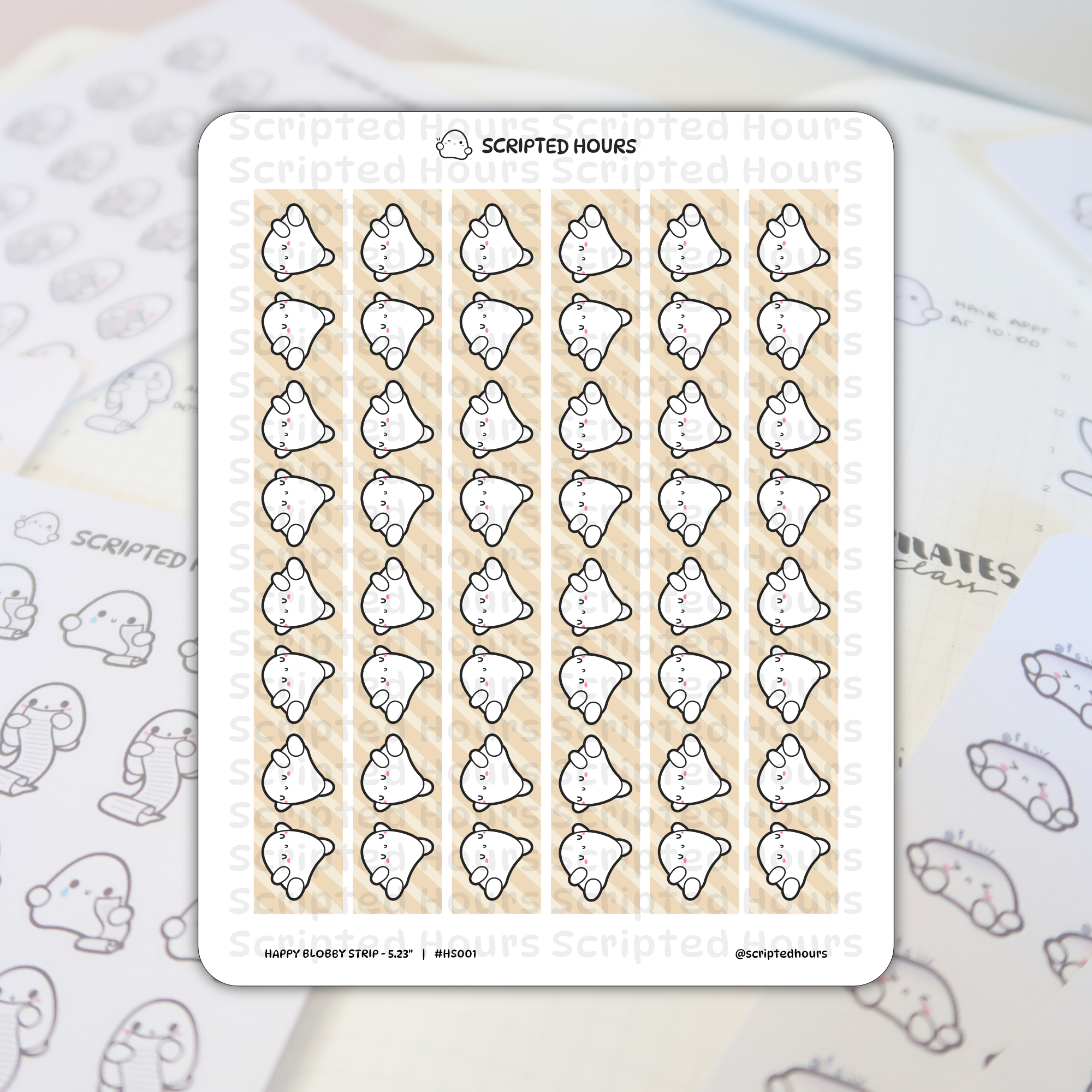 Scripted Hours die-cut stickers featuring a sheet of white Happy Blobby characters with pink cheeks and small "u" eyes, some waving, arranged on a beige striped background titled "Happy Blobby Strip", shown on a planner background
