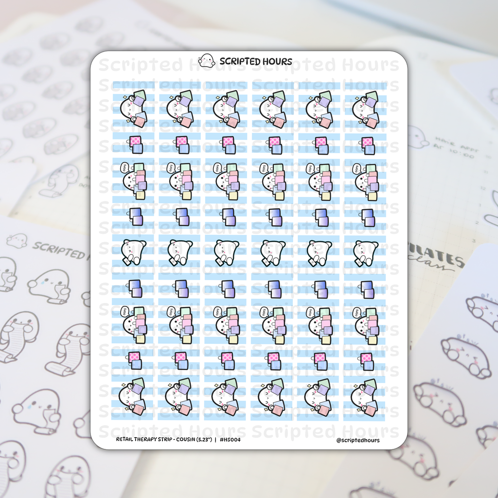 Scripted Hours die-cut planner stickers featuring white blob characters enthusiastically shopping with pastel bags and pink polka dot coffee cups against a light blue striped pattern on a blurred planner page