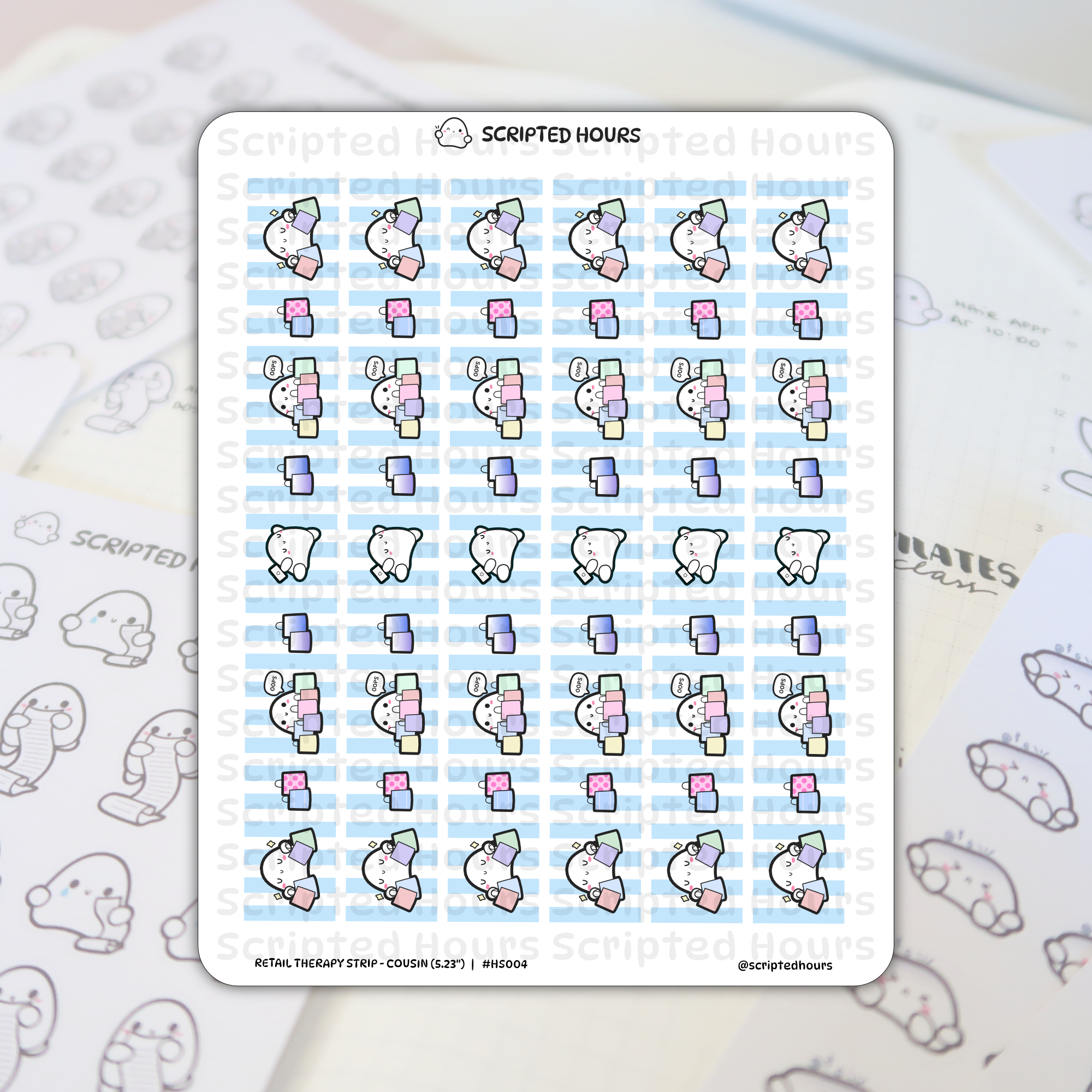 Scripted Hours die-cut planner stickers featuring white blob characters enthusiastically shopping with pastel bags and pink polka dot coffee cups against a light blue striped pattern on a blurred planner page
