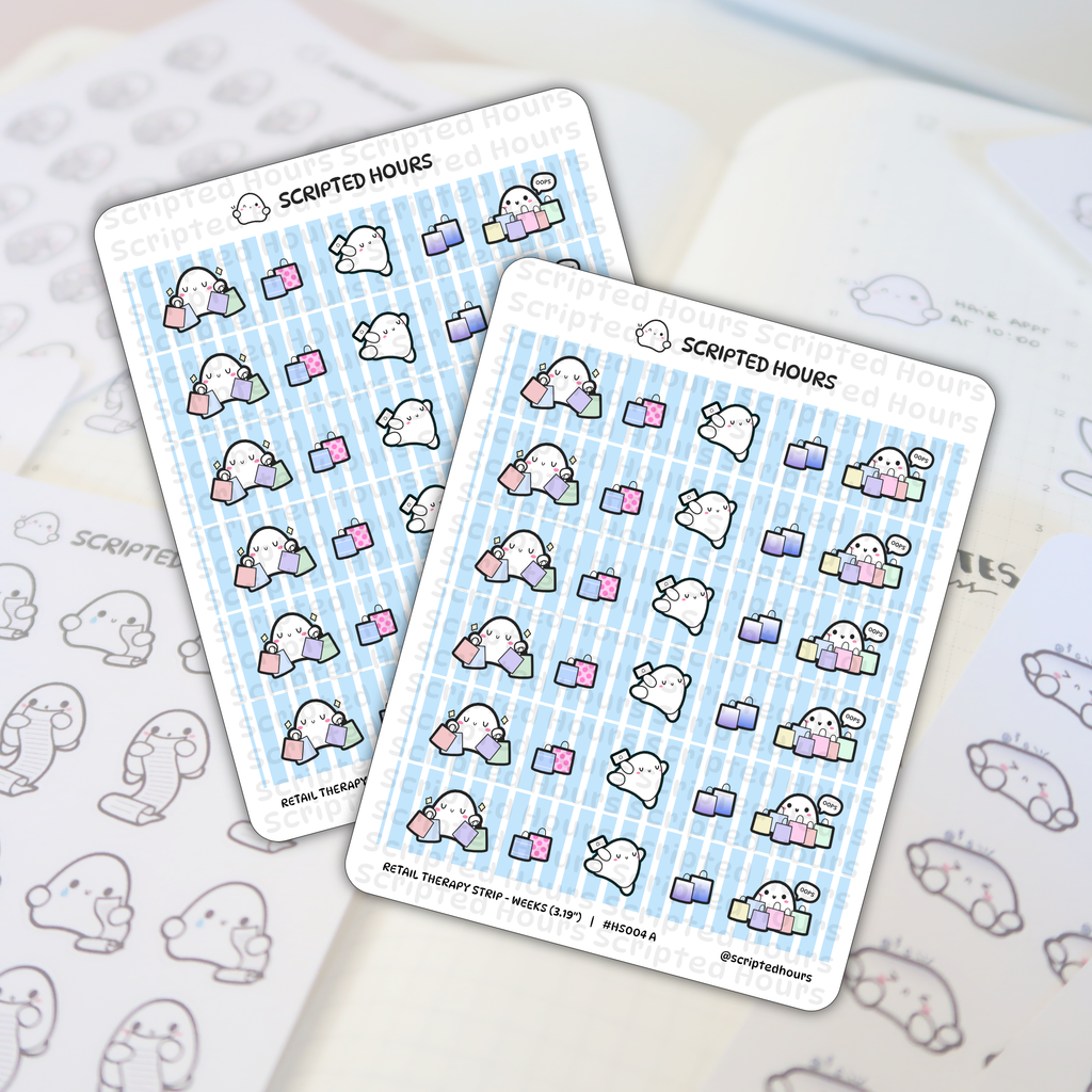Scripted Hours sticker sheets of kawaii ghost characters enjoying retail therapy, featuring ghosts holding colorful pastel shopping bags like pink polka dot and purple with some exclaiming "Oops", displayed on a light blue striped background on a planner page