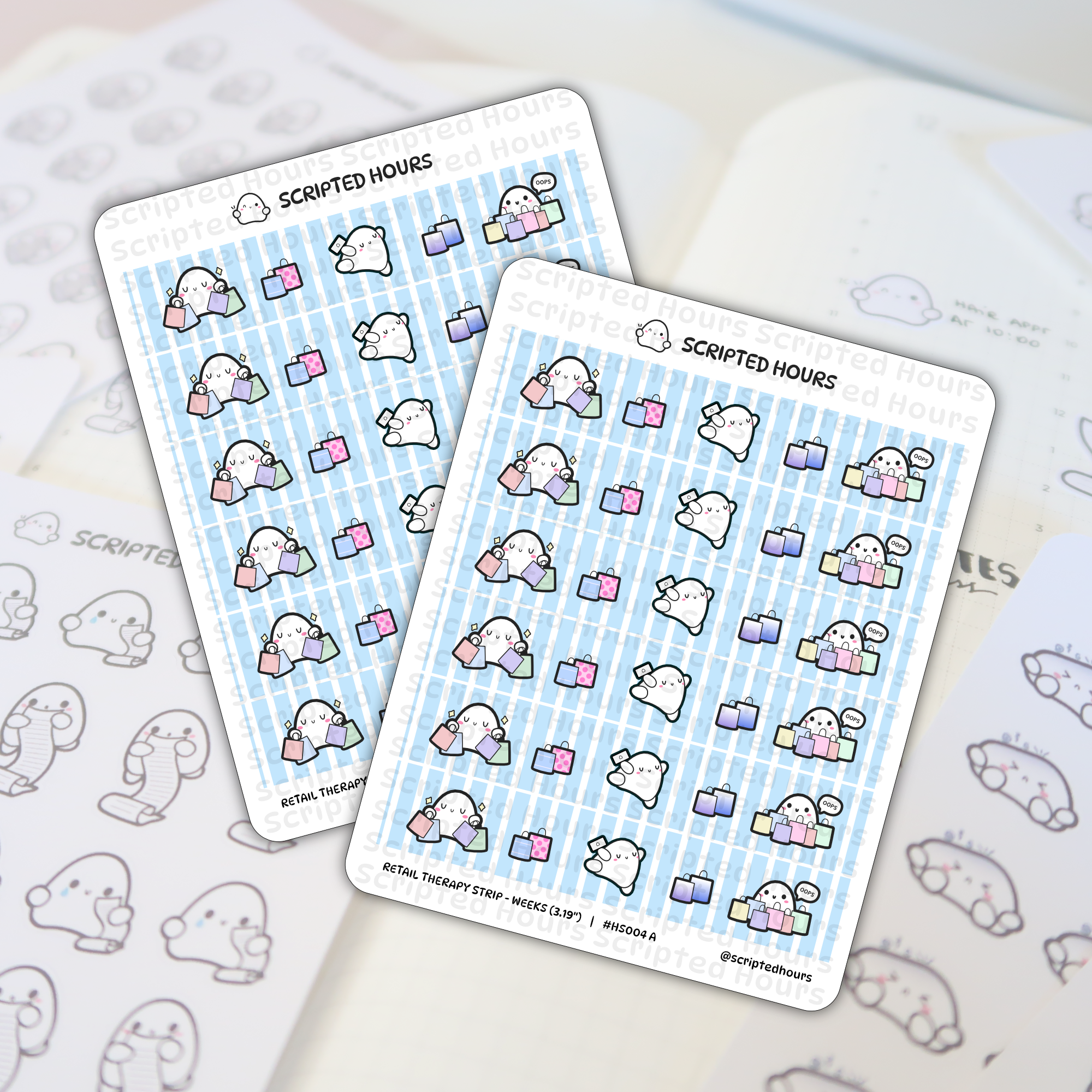 Scripted Hours sticker sheets of kawaii ghost characters enjoying retail therapy, featuring ghosts holding colorful pastel shopping bags like pink polka dot and purple with some exclaiming "Oops", displayed on a light blue striped background on a planner page