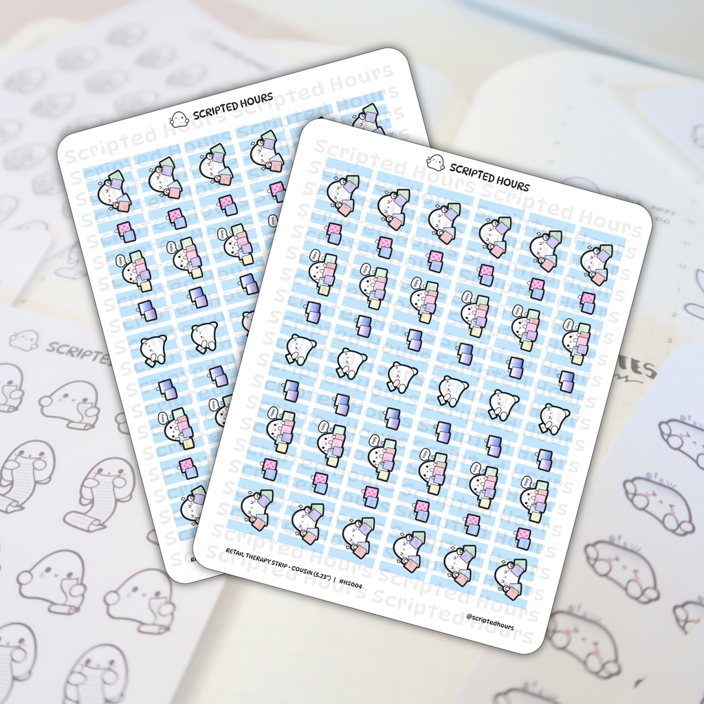 Planner stickers by Scripted Hours featuring two sheets of Retail Therapy Strip - Cousin designs with cute characters on a light blue striped background holding pastel shopping bags and peeking from behind colorful purchases with oops speech bubbles arranged on a planner