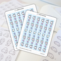 Planner stickers by Scripted Hours featuring two sheets of Retail Therapy Strip - Cousin designs with cute characters on a light blue striped background holding pastel shopping bags and peeking from behind colorful purchases with oops speech bubbles arranged on a planner