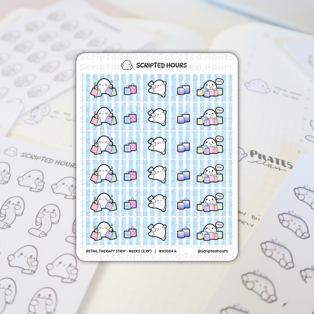 Vinyl sticker sheet by Scripted Hours featuring a Retail Therapy Strip with cute white ghost characters holding pastel pink, green, and purple shopping bags against a blue striped background, displayed on a planner page