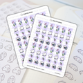 Scripted Hours' Fountain Pen Love Strip sticker sheets featuring cute ghost-like characters holding fountain pens, colorful ink bottles, and pastel washi tape rolls, arranged on a light planner page
