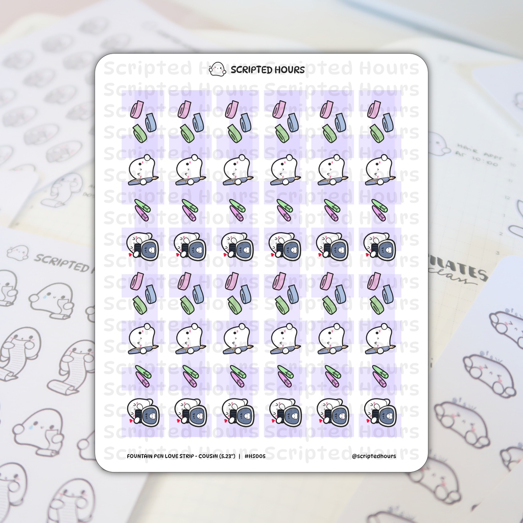 Sticker sheet by Scripted Hours showing cute white blob characters interacting with blue fountain pens, ink bottles, pink and green cartridges, and pastel washi tape on a light purple striped background